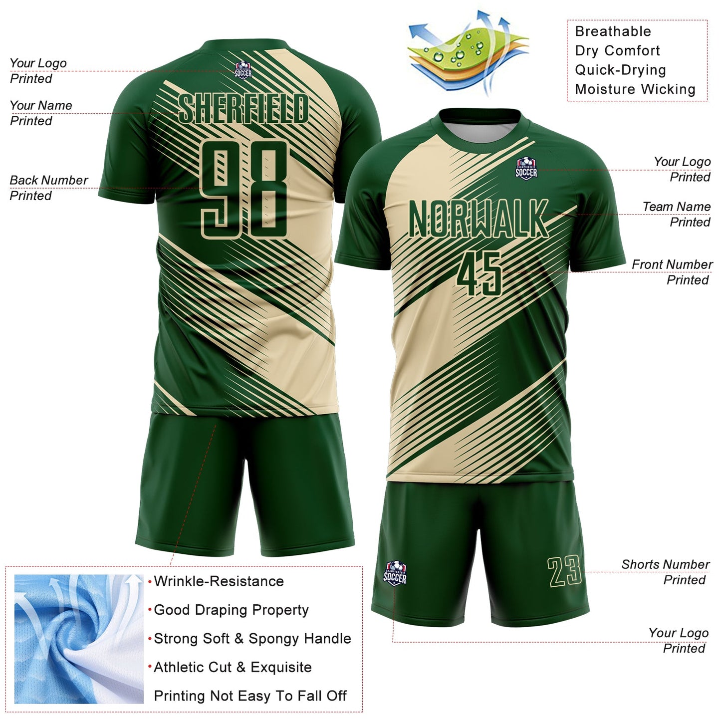 Custom Green Cream Line Sublimation Soccer Uniform Jersey view 4