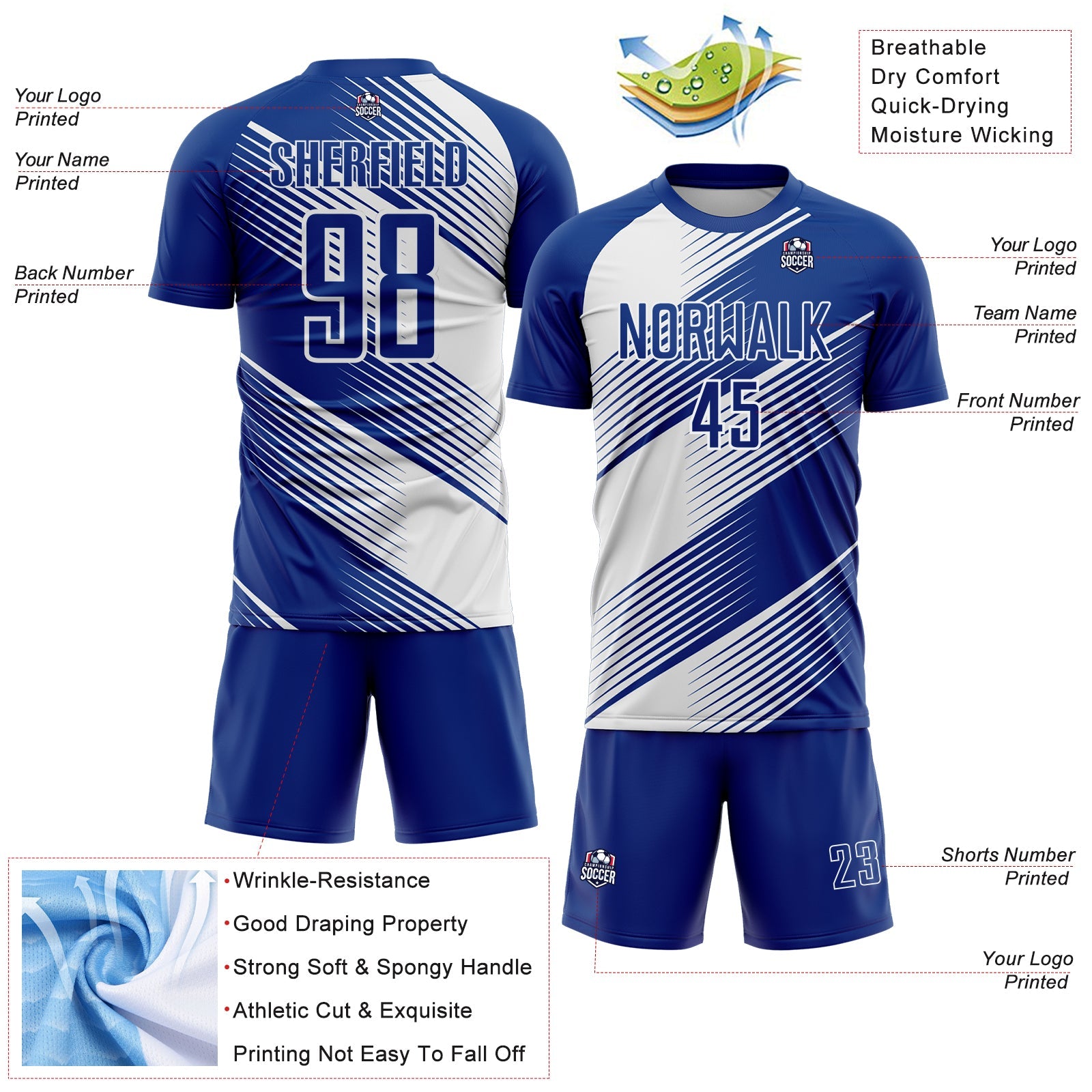 Custom Royal White Line Sublimation Soccer Uniform Jersey view 4