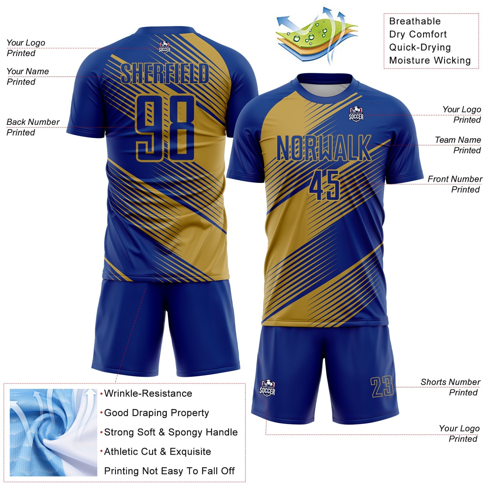 Custom Royal Old Gold Line Sublimation Soccer Uniform Jersey view 4