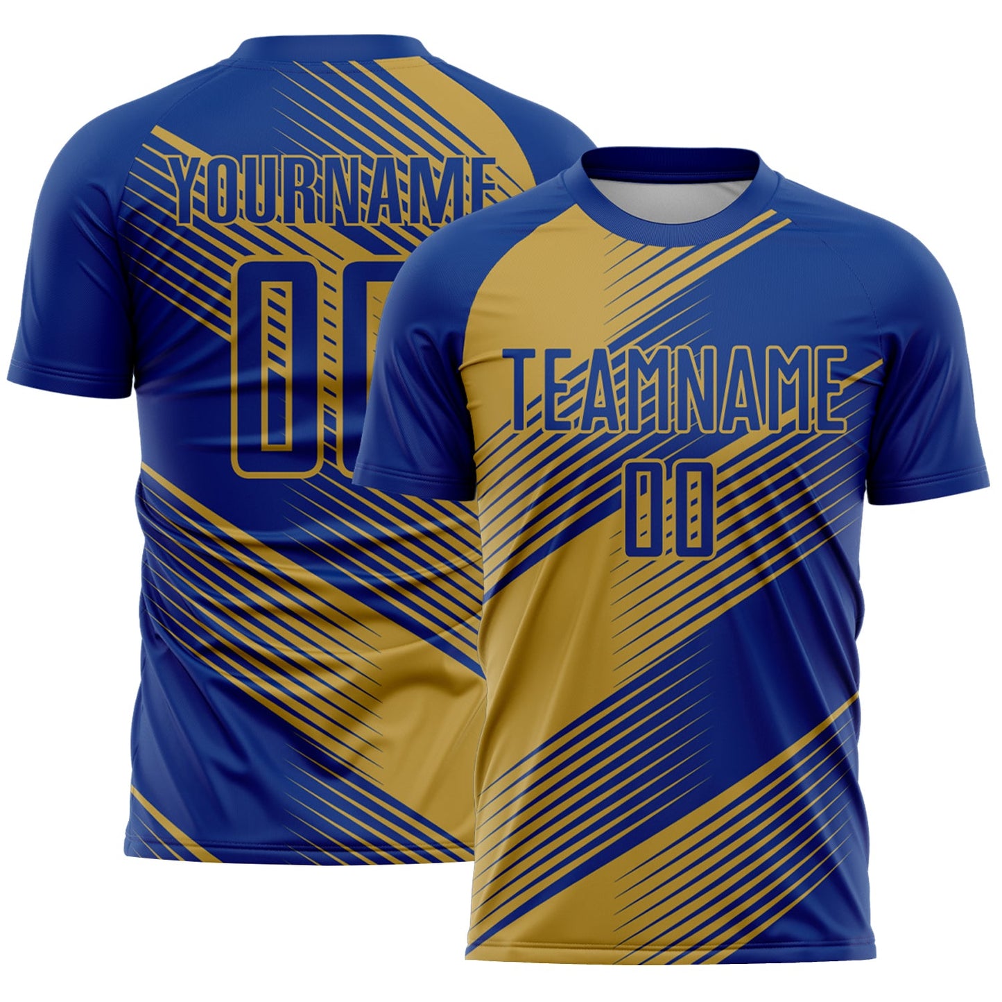 Custom Royal Old Gold Line Sublimation Soccer Uniform Jersey - Main View