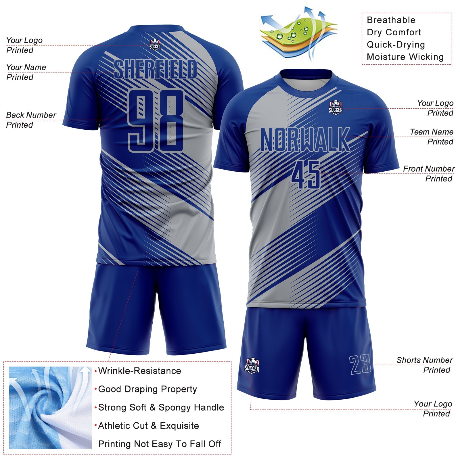 Custom Royal Gray Line Sublimation Soccer Uniform Jersey view 4