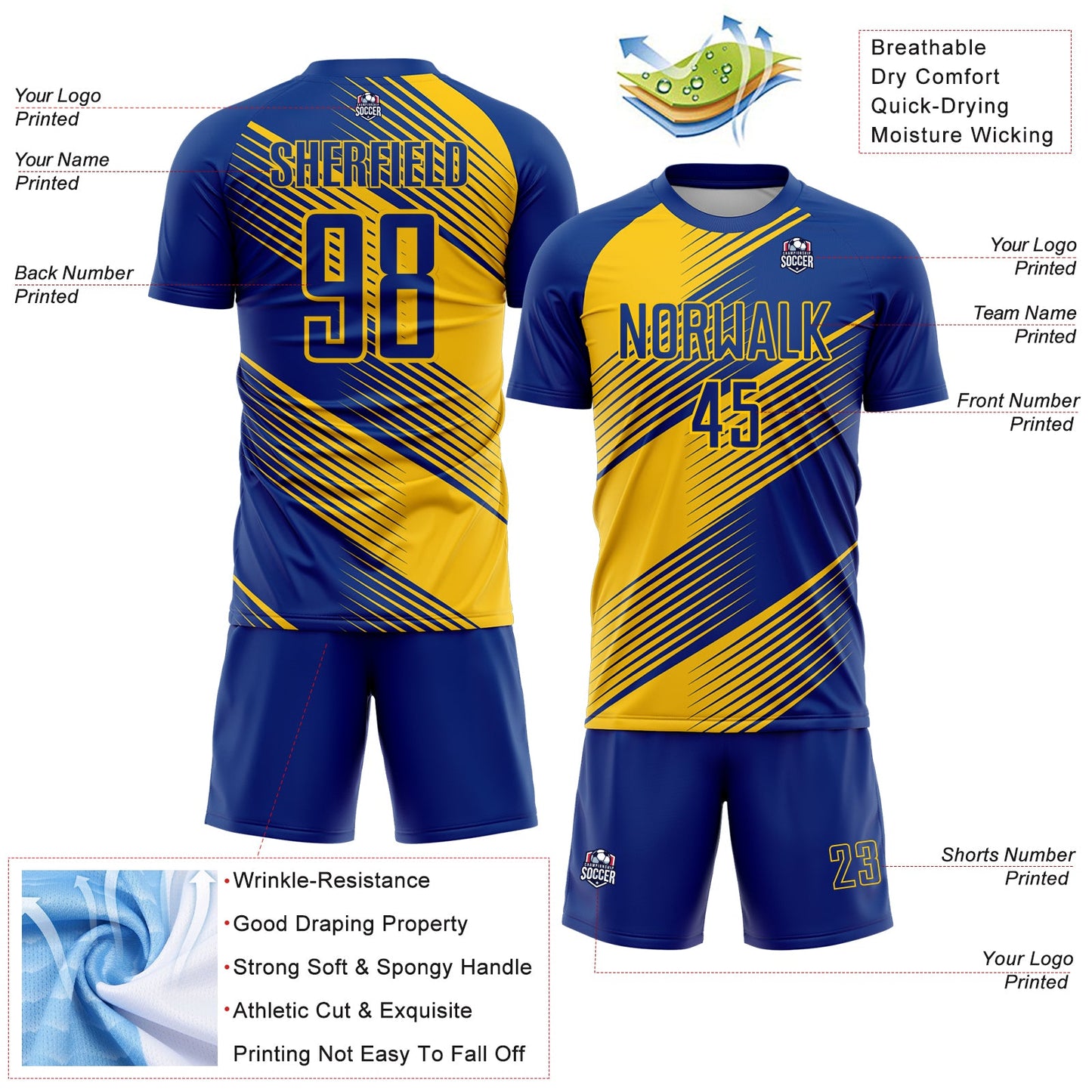 Custom Royal Yellow Line Sublimation Soccer Uniform Jersey view 4