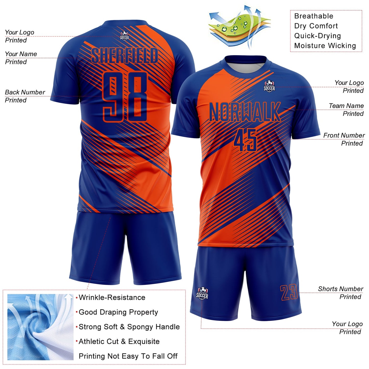 Custom Royal Orange Line Sublimation Soccer Uniform Jersey view 4