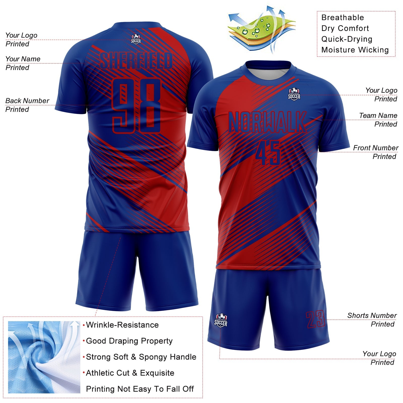 Custom Royal Red Line Sublimation Soccer Uniform Jersey view 4