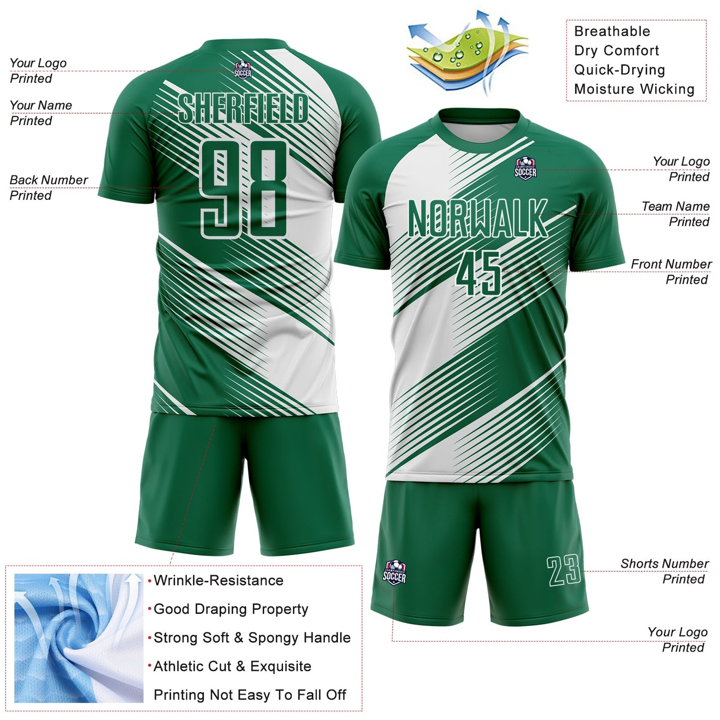 Custom Kelly Green White Line Sublimation Soccer Uniform Jersey view 4