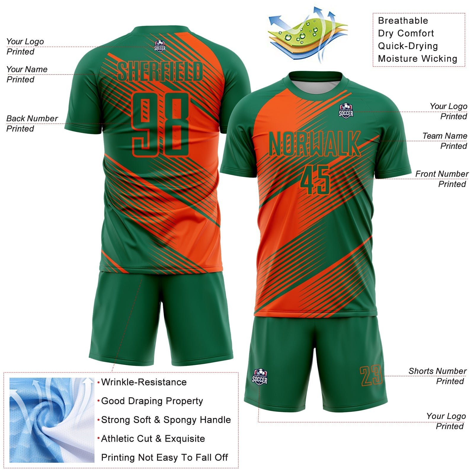 Custom Kelly Green Orange Line Sublimation Soccer Uniform Jersey view 4