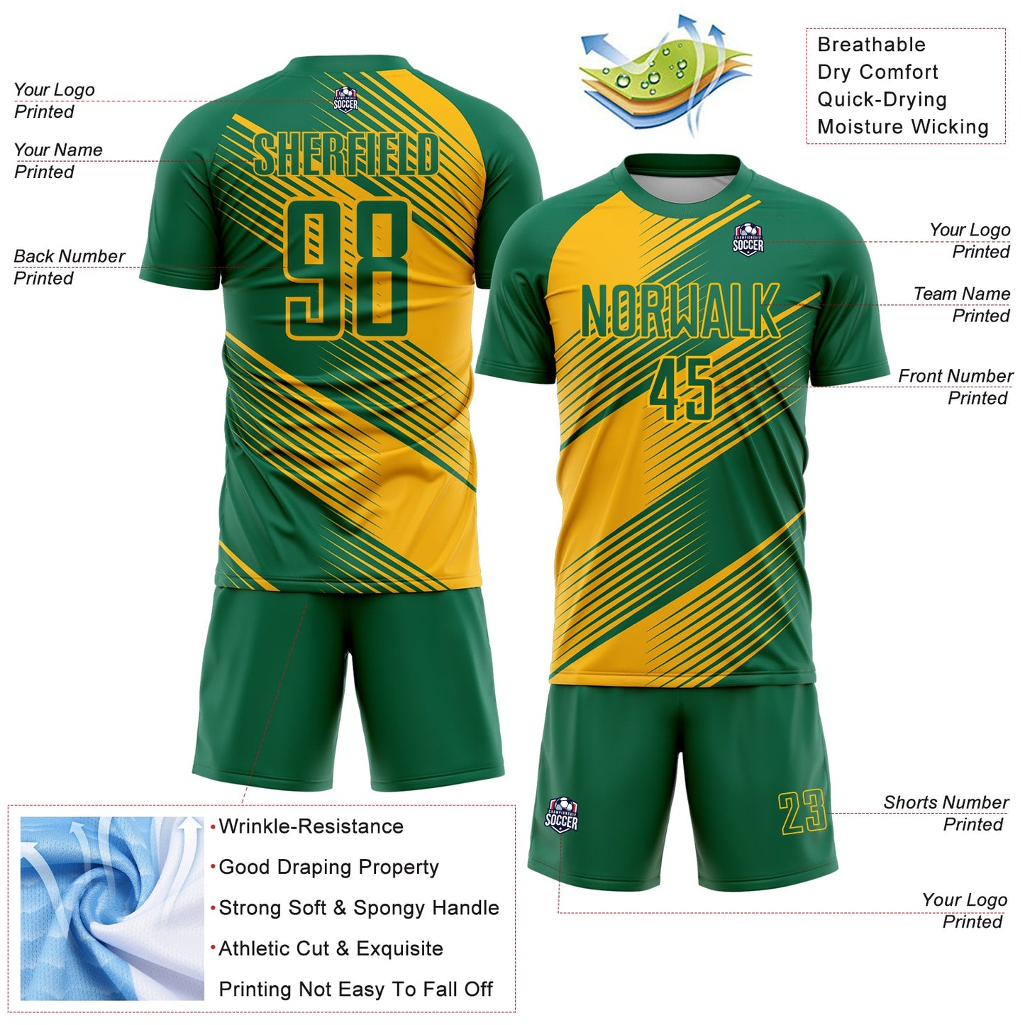 Custom Kelly Green Gold Line Sublimation Soccer Uniform Jersey view 4