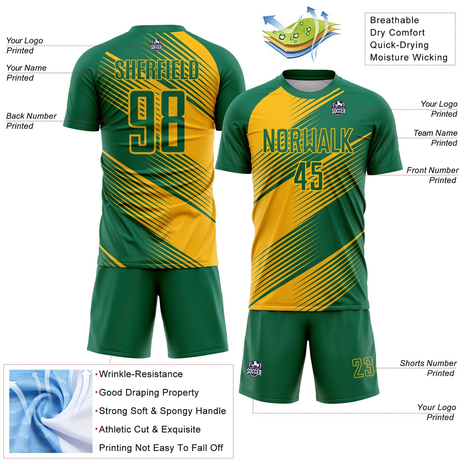 Custom Kelly Green Gold Line Sublimation Soccer Uniform Jersey view 4