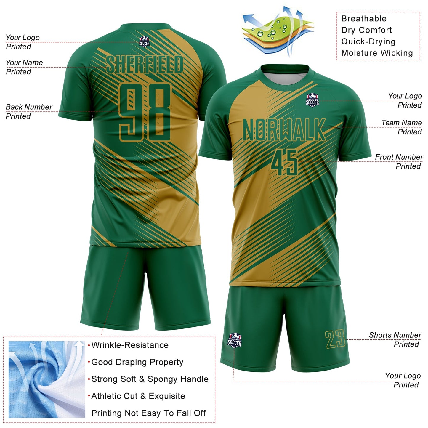 Custom Kelly Green Old Gold Line Sublimation Soccer Uniform Jersey view 4