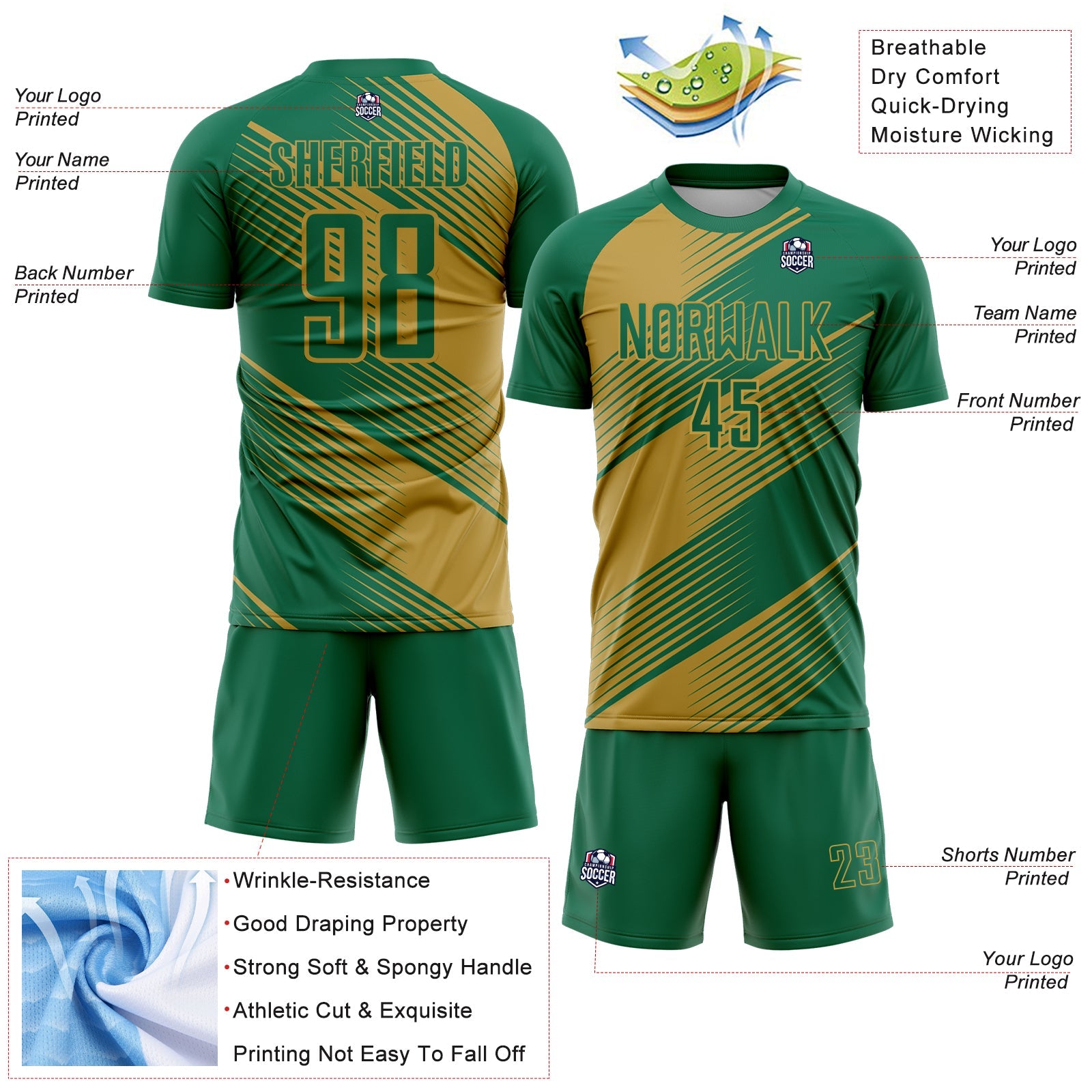 Custom Kelly Green Old Gold Line Sublimation Soccer Uniform Jersey view 4