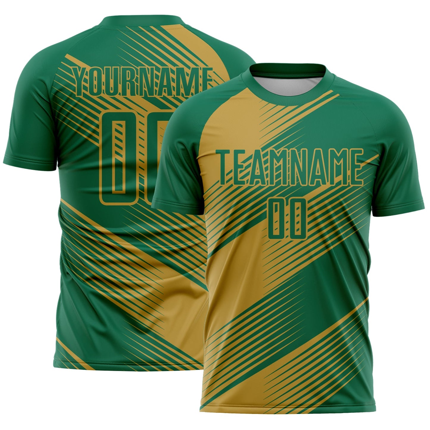 Custom Kelly Green Old Gold Line Sublimation Soccer Uniform Jersey - Main View