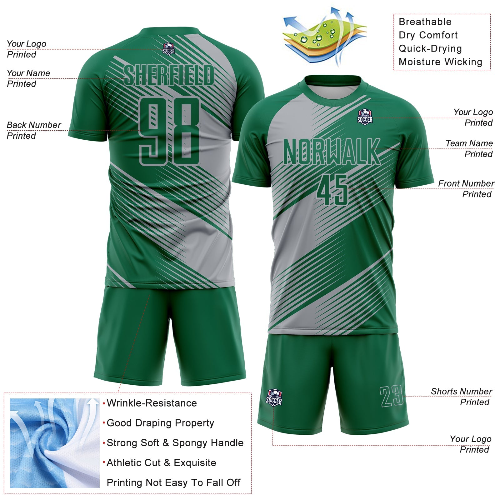 Custom Kelly Green Gray Line Sublimation Soccer Uniform Jersey view 4