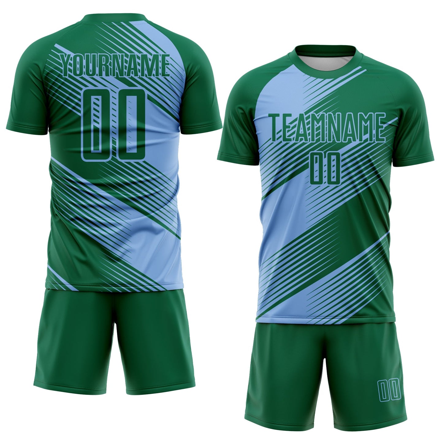 Custom Kelly Green Light Blue Line Sublimation Soccer Uniform Jersey view 2