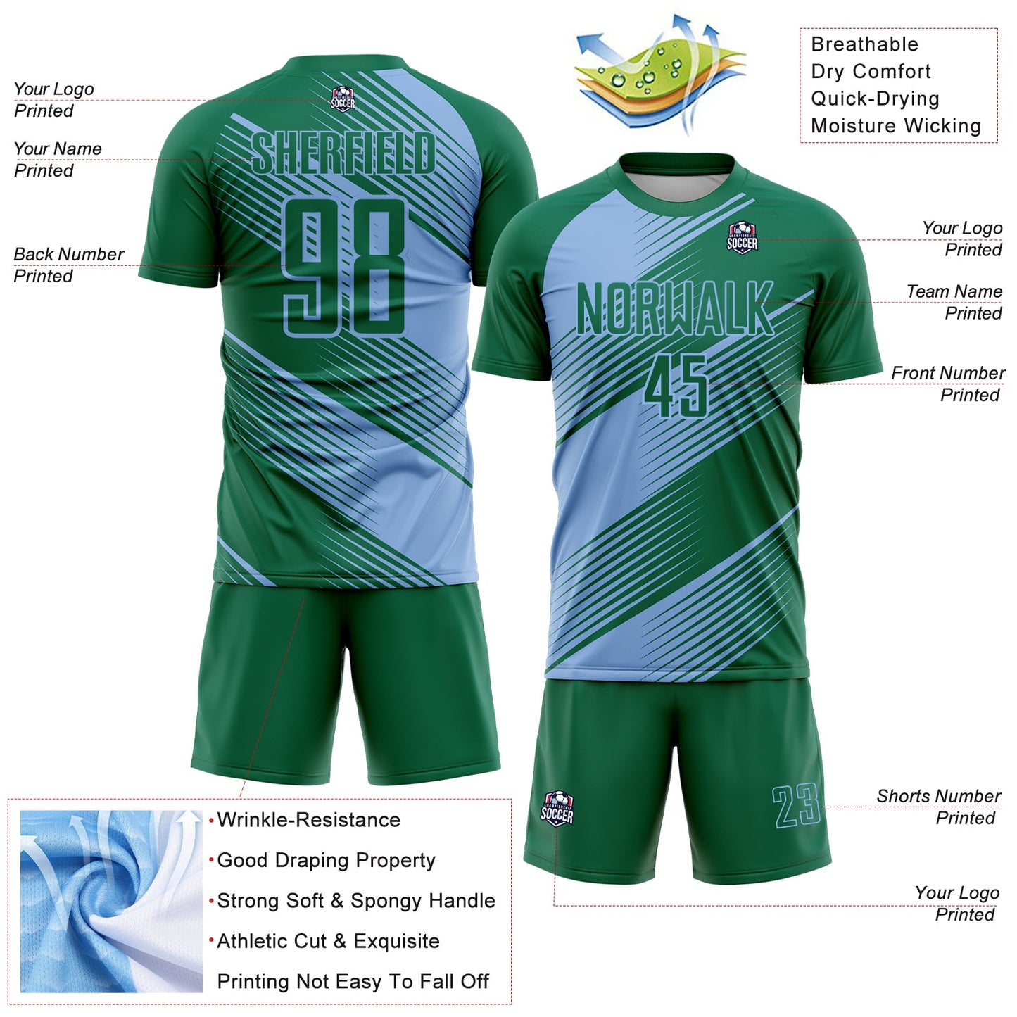 Custom Kelly Green Light Blue Line Sublimation Soccer Uniform Jersey view 4
