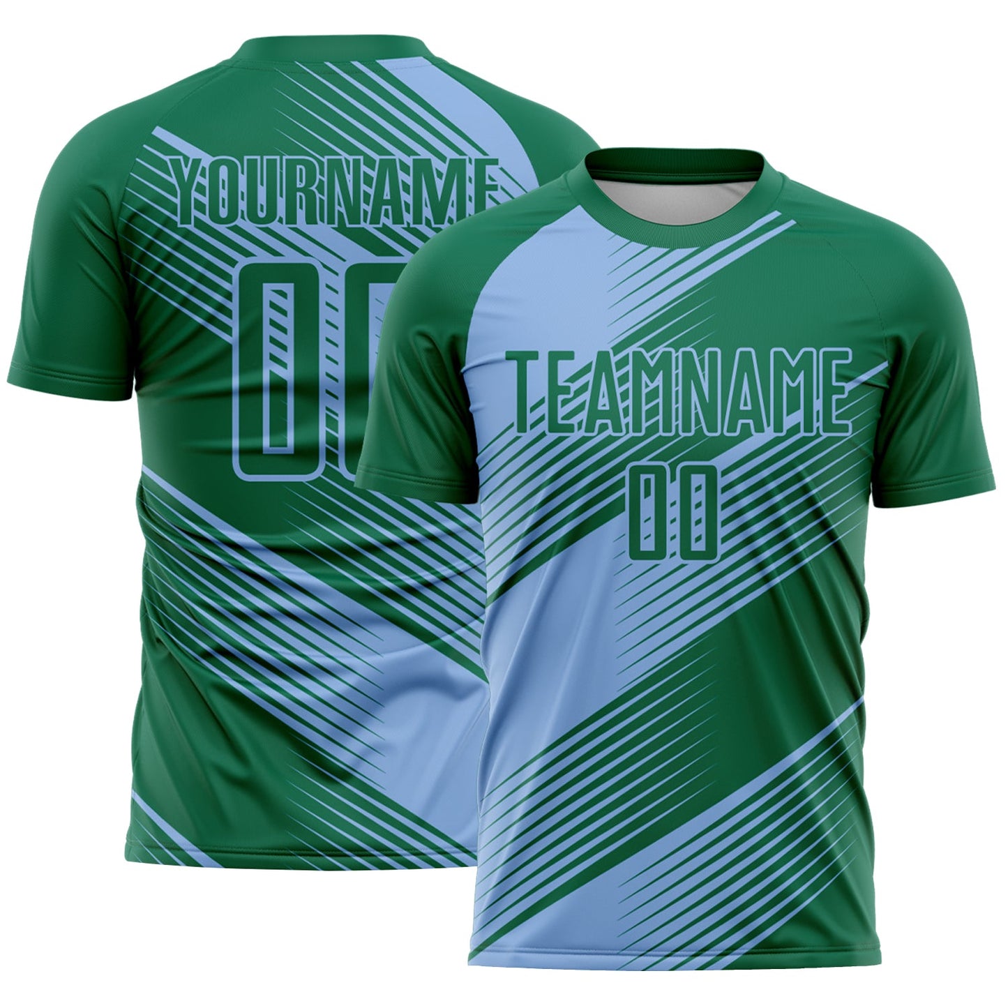 Custom Kelly Green Light Blue Line Sublimation Soccer Uniform Jersey - Main View
