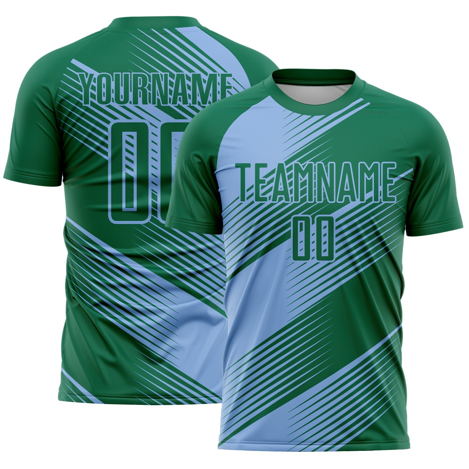 Custom Kelly Green Light Blue Line Sublimation Soccer Uniform Jersey - Main View