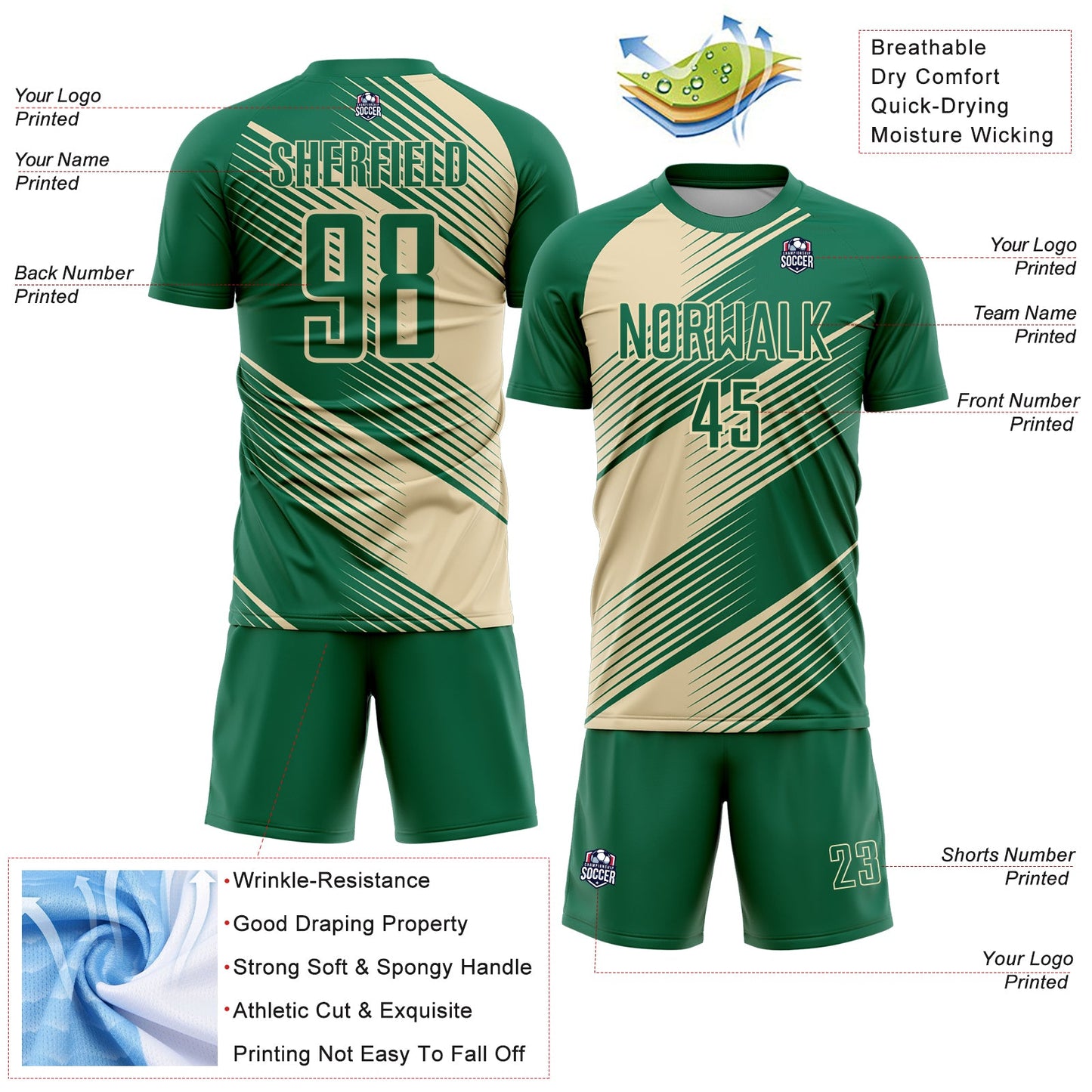 Custom Kelly Green Cream Line Sublimation Soccer Uniform Jersey view 4