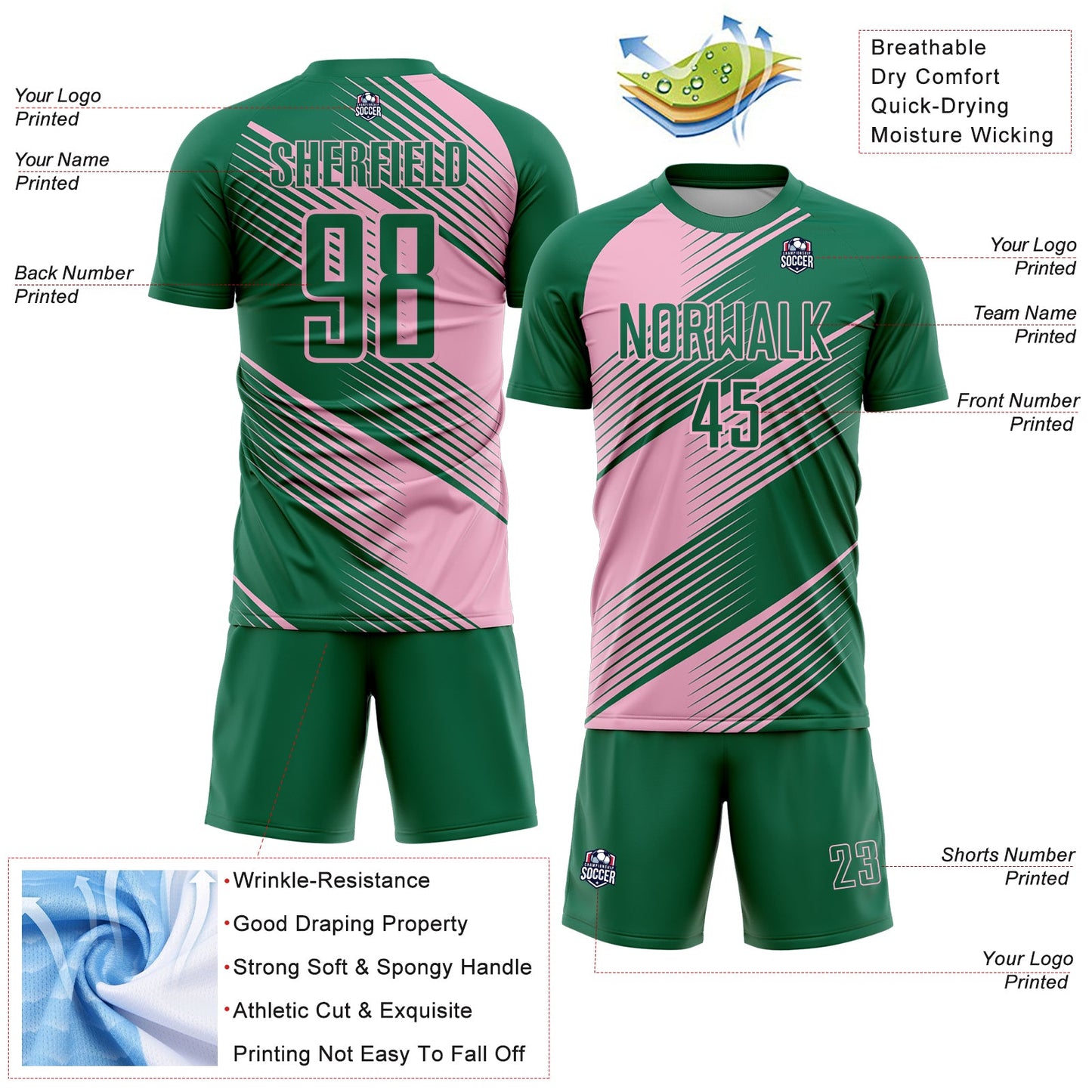 Custom Kelly Green Light Pink Line Sublimation Soccer Uniform Jersey view 4