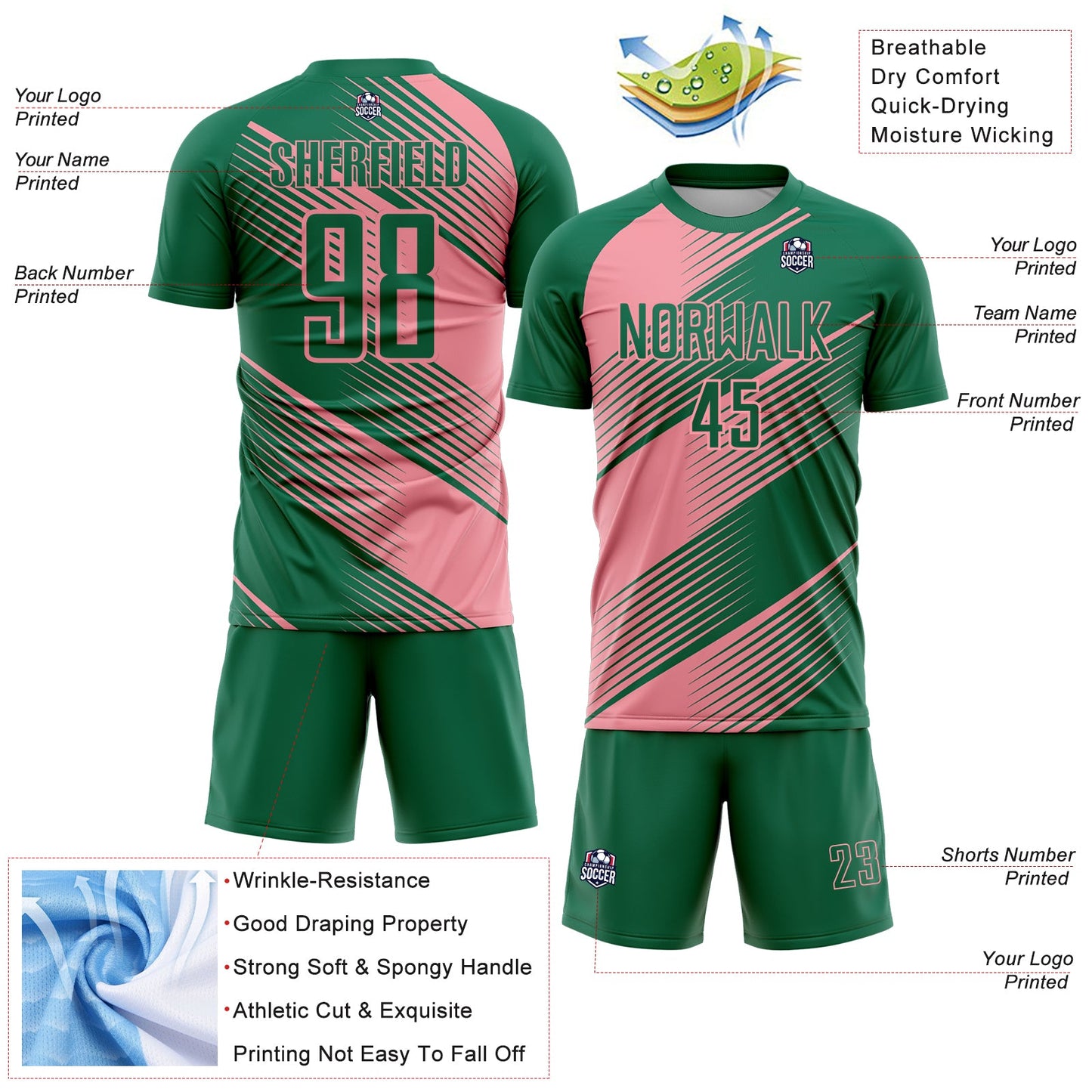 Custom Kelly Green Medium Pink Line Sublimation Soccer Uniform Jersey view 4