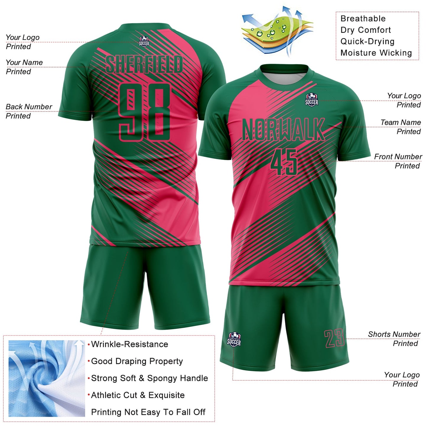 Custom Kelly Green Neon Pink Line Sublimation Soccer Uniform Jersey view 4