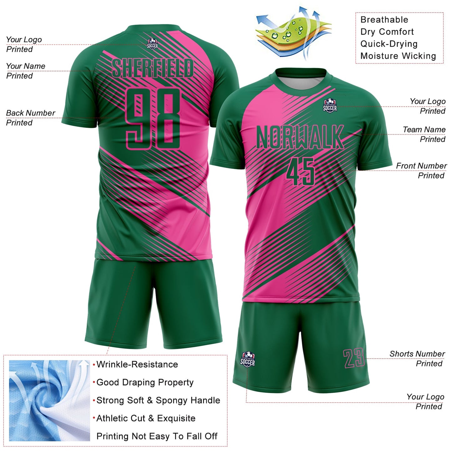 Custom Kelly Green Pink Line Sublimation Soccer Uniform Jersey view 4