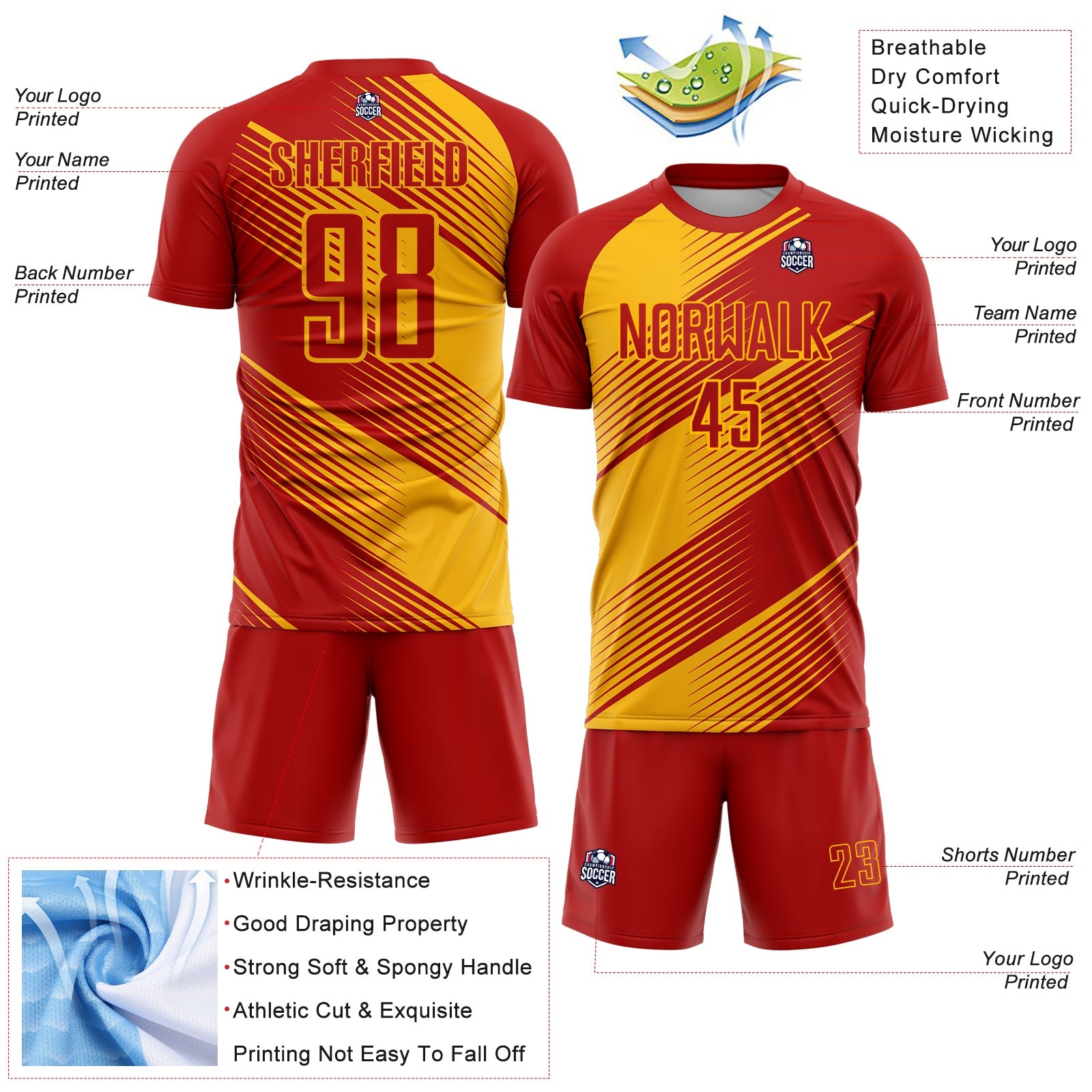 Custom Red Gold Line Sublimation Soccer Uniform Jersey view 4