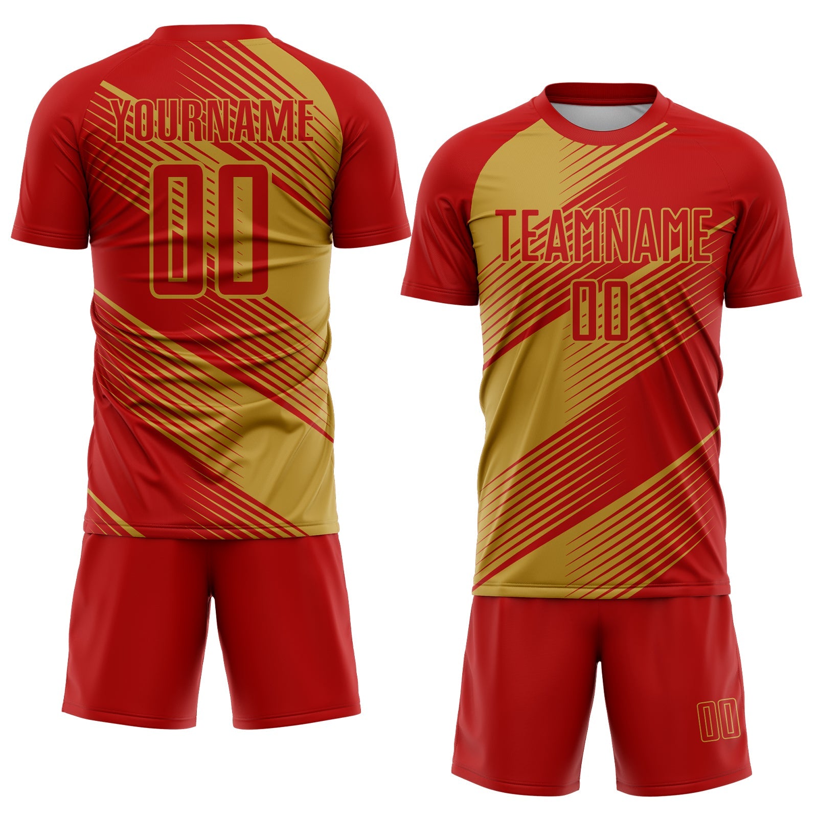 Custom Red Old Gold Line Sublimation Soccer Uniform Jersey view 2
