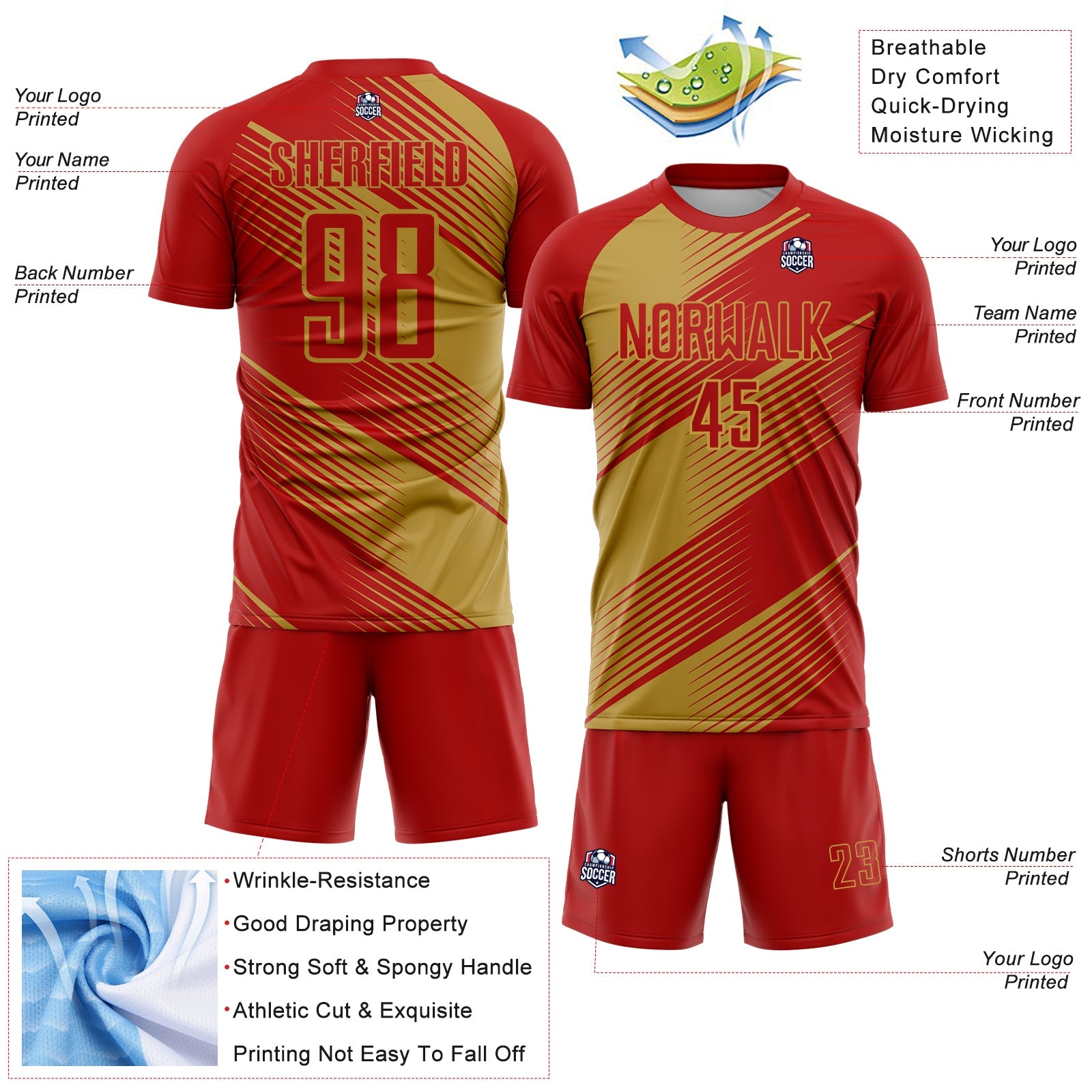 Custom Red Old Gold Line Sublimation Soccer Uniform Jersey view 4