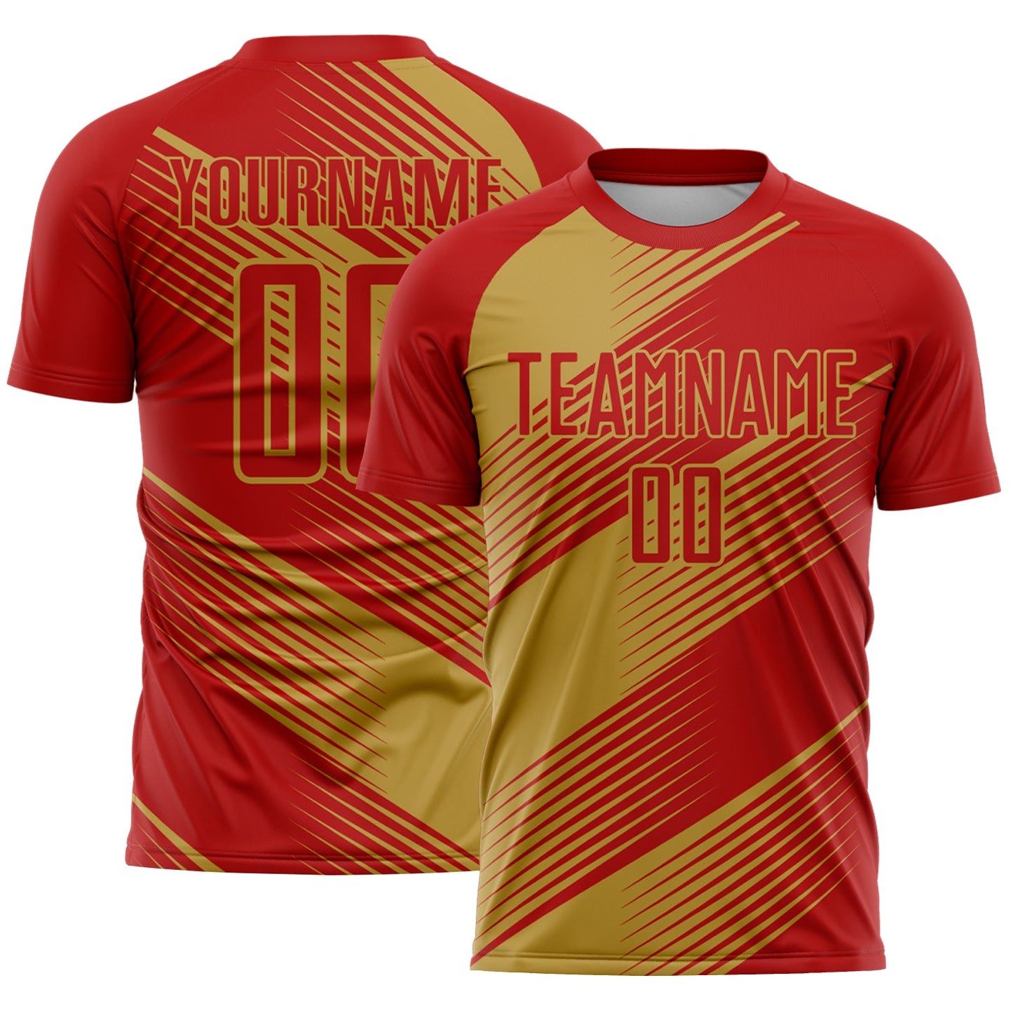 Custom Red Old Gold Line Sublimation Soccer Uniform Jersey - Main View