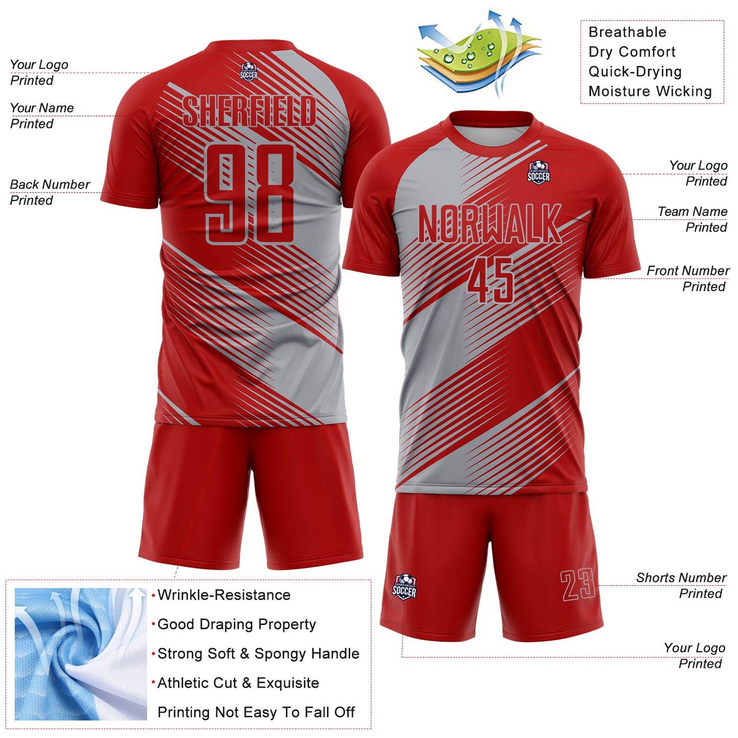 Custom Red Gray Line Sublimation Soccer Uniform Jersey view 4