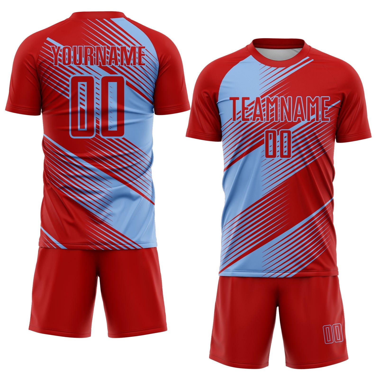 Custom Red Light Blue Line Sublimation Soccer Uniform Jersey view 2