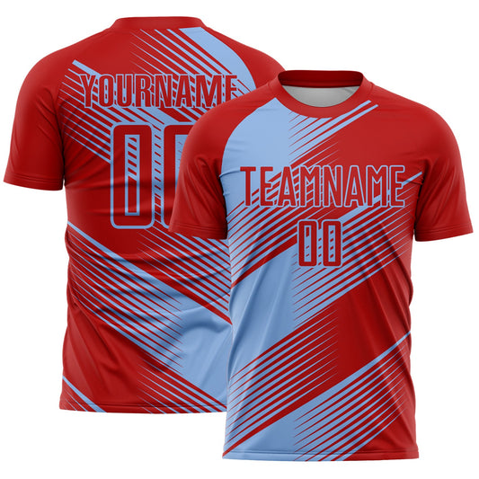 Custom Red Light Blue Line Sublimation Soccer Uniform Jersey - Main View