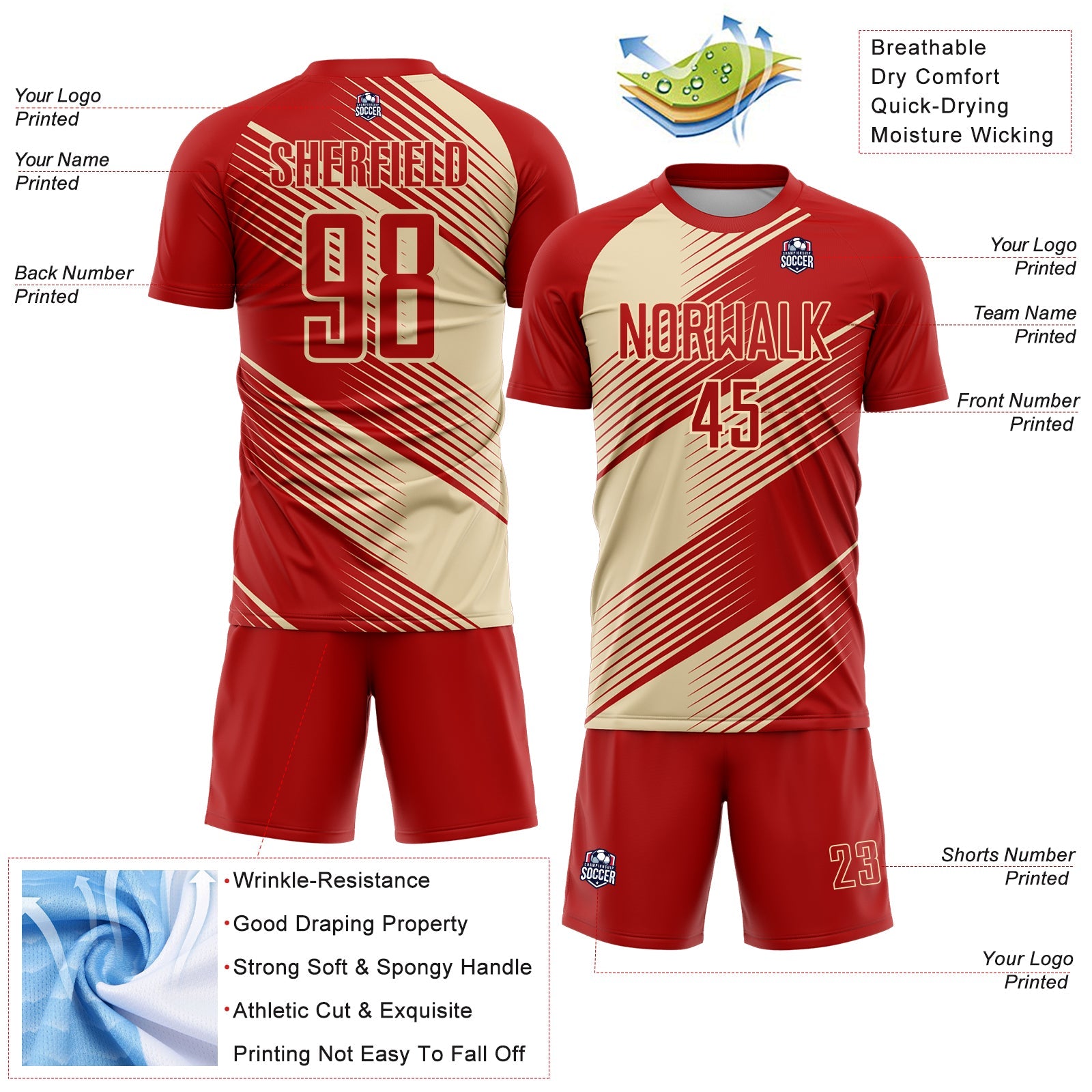 Custom Red Cream Line Sublimation Soccer Uniform Jersey view 4