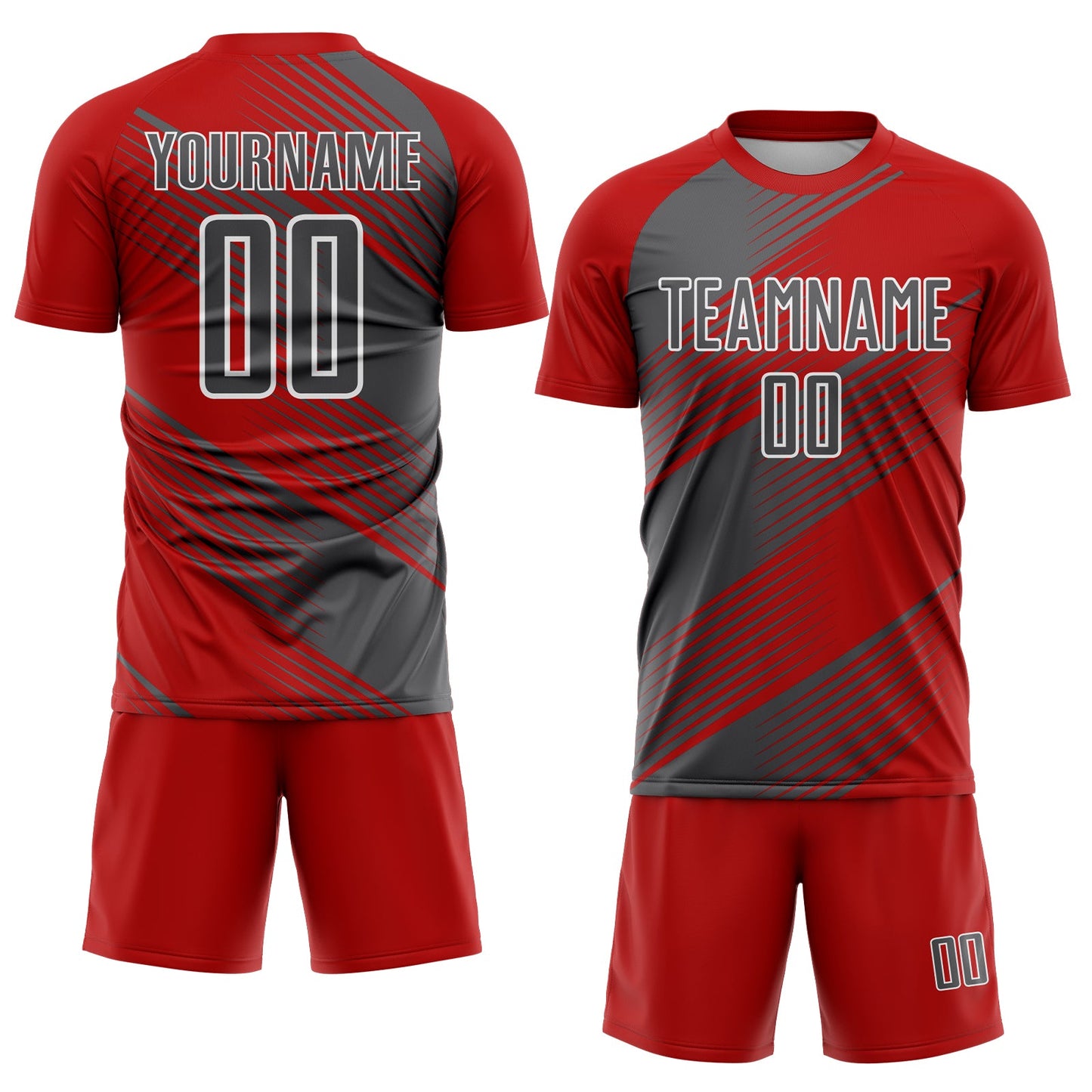 Custom Red Steel Gray-White Line Sublimation Soccer Uniform Jersey view 2