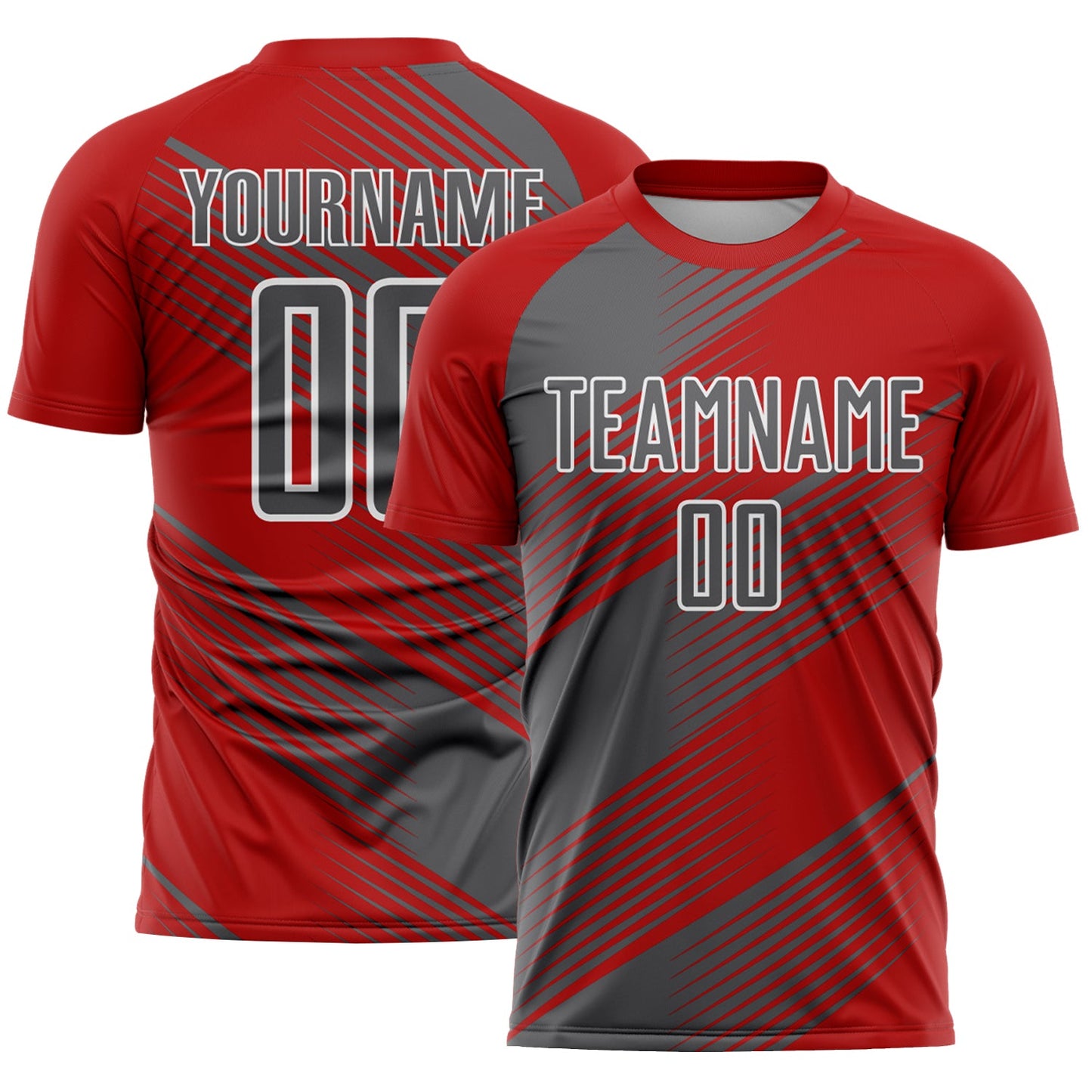 Custom Red Steel Gray-White Line Sublimation Soccer Uniform Jersey - Main View