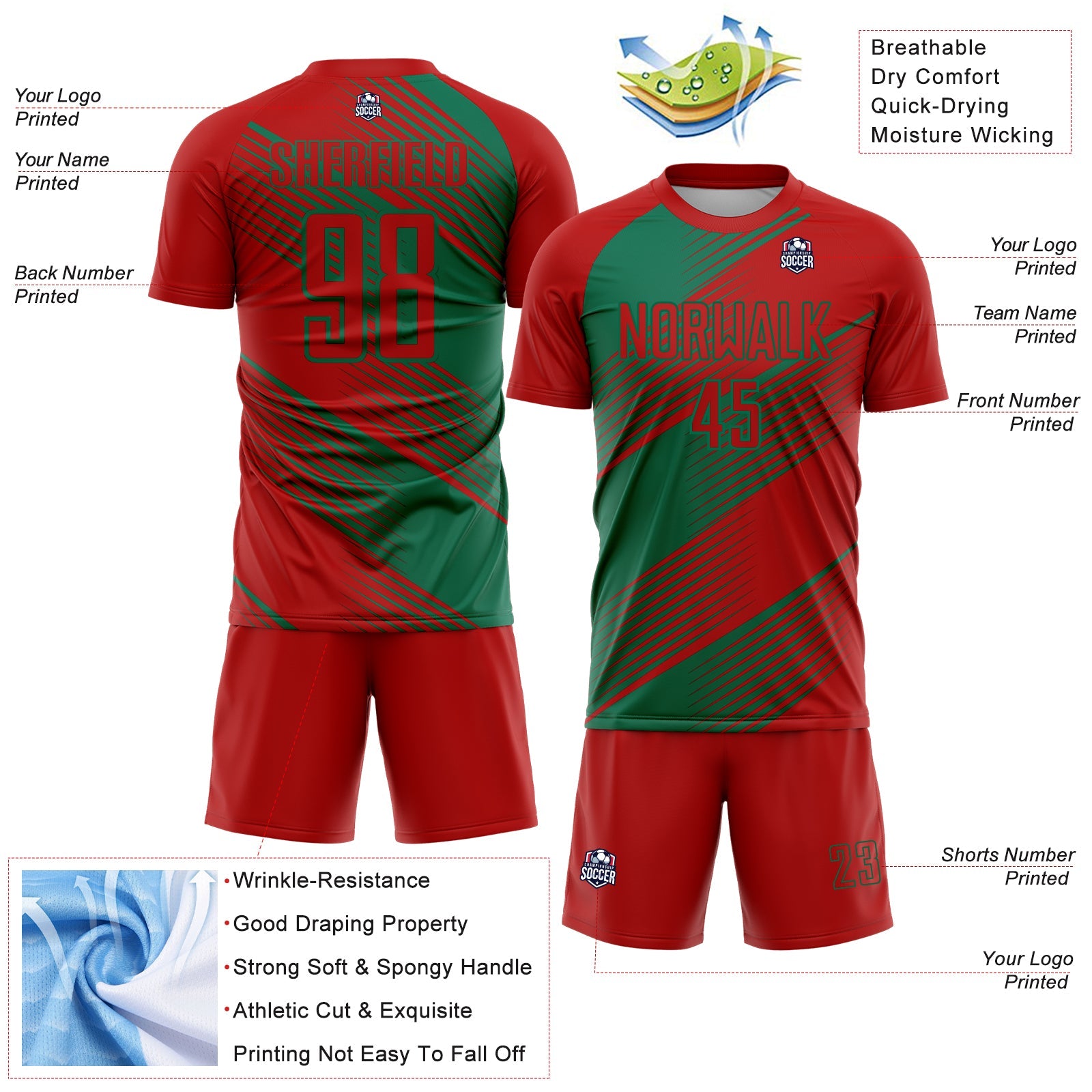 Custom Red Kelly Green Line Sublimation Soccer Uniform Jersey view 4