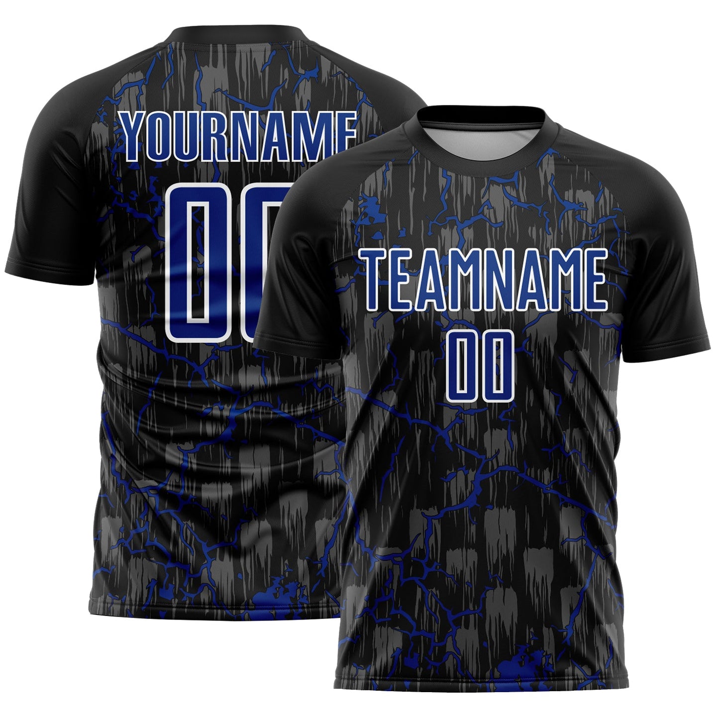 Custom Black Royal-White Lightning Sublimation Soccer Uniform Jersey - Main View