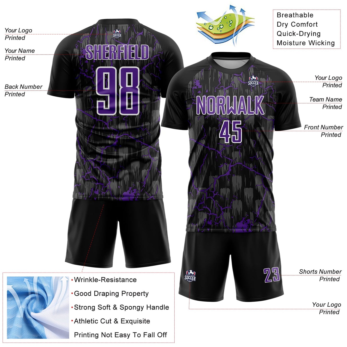 Custom Black Purple-White Lightning Sublimation Soccer Uniform Jersey view 4