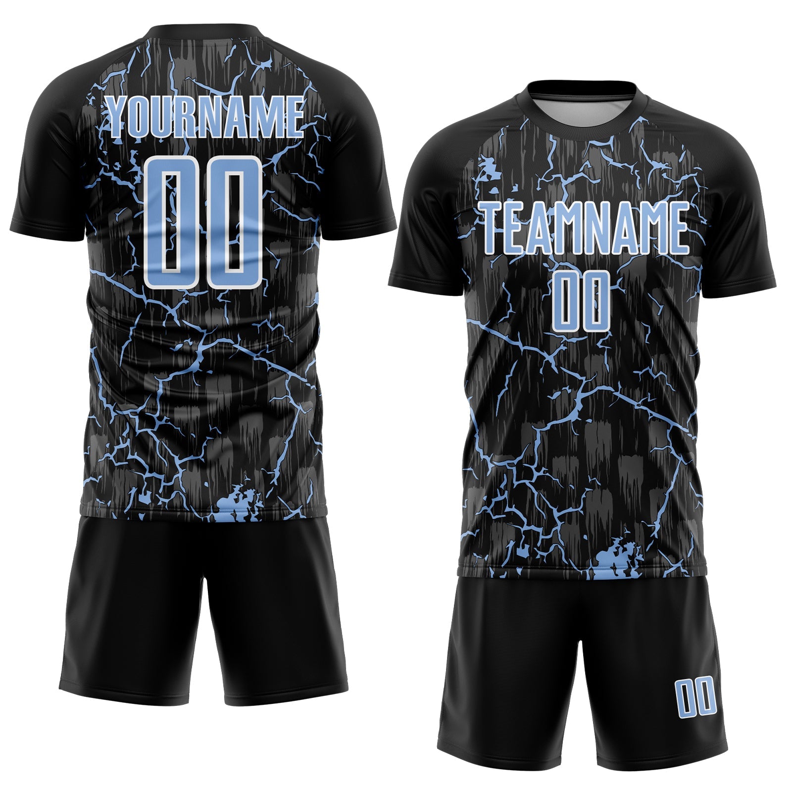 Custom Black Light Blue-White Lightning Sublimation Soccer Uniform Jersey view 2
