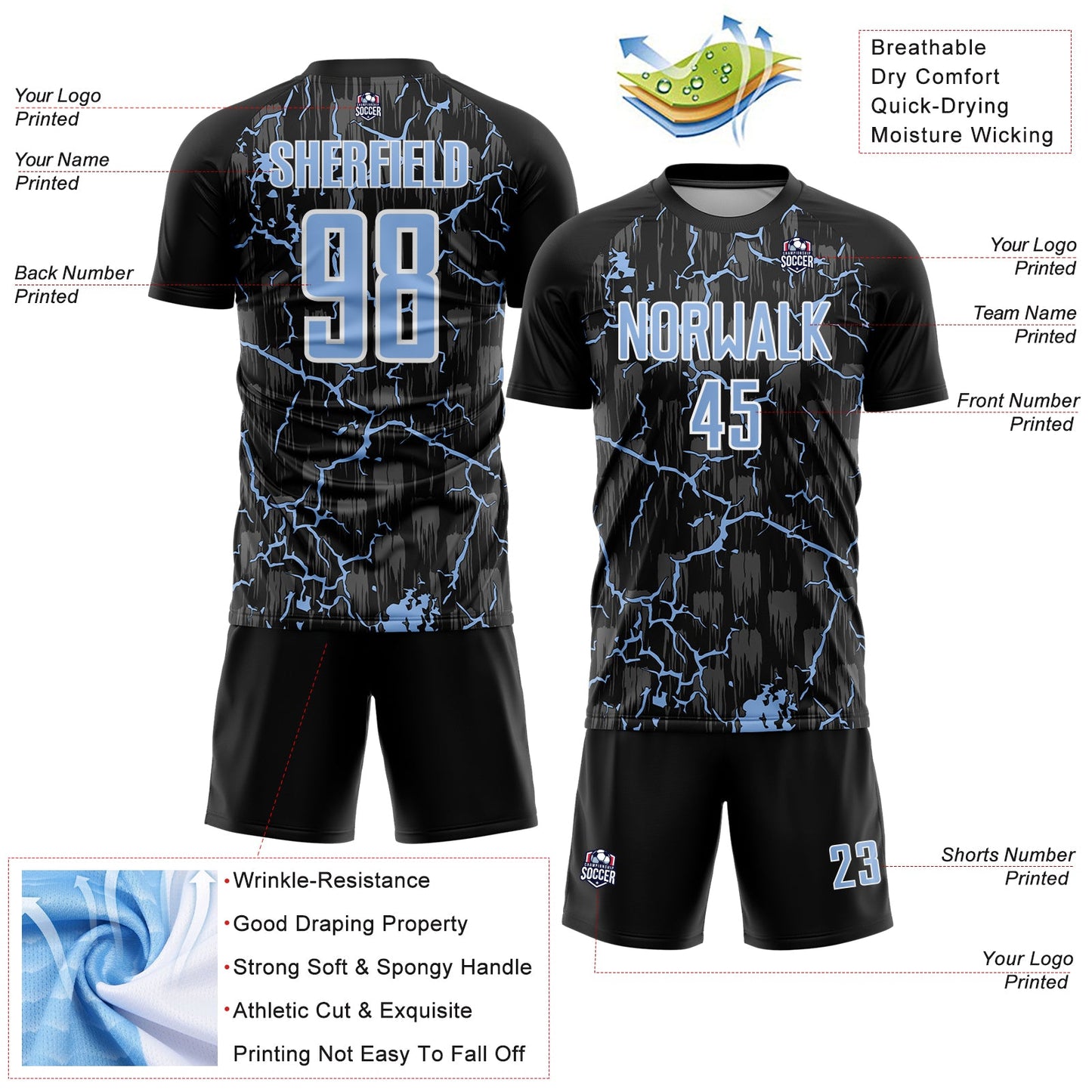 Custom Black Light Blue-White Lightning Sublimation Soccer Uniform Jersey view 4