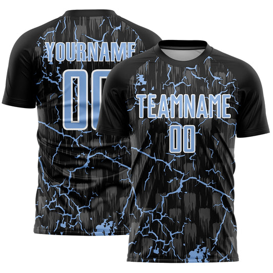 Custom Black Light Blue-White Lightning Sublimation Soccer Uniform Jersey - Main View