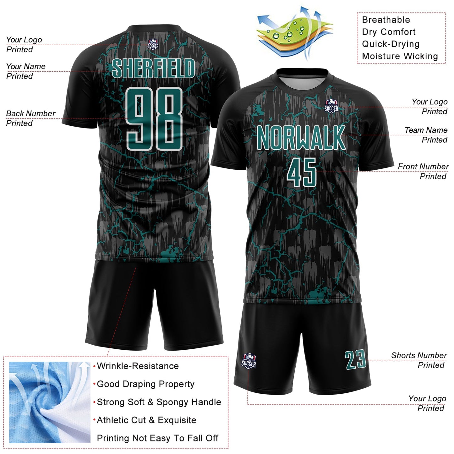Custom Black Teal-White Lightning Sublimation Soccer Uniform Jersey view 4