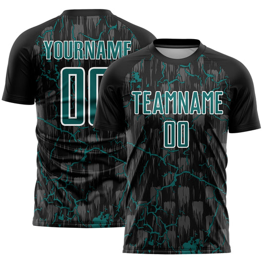 Custom Black Teal-White Lightning Sublimation Soccer Uniform Jersey - Main View