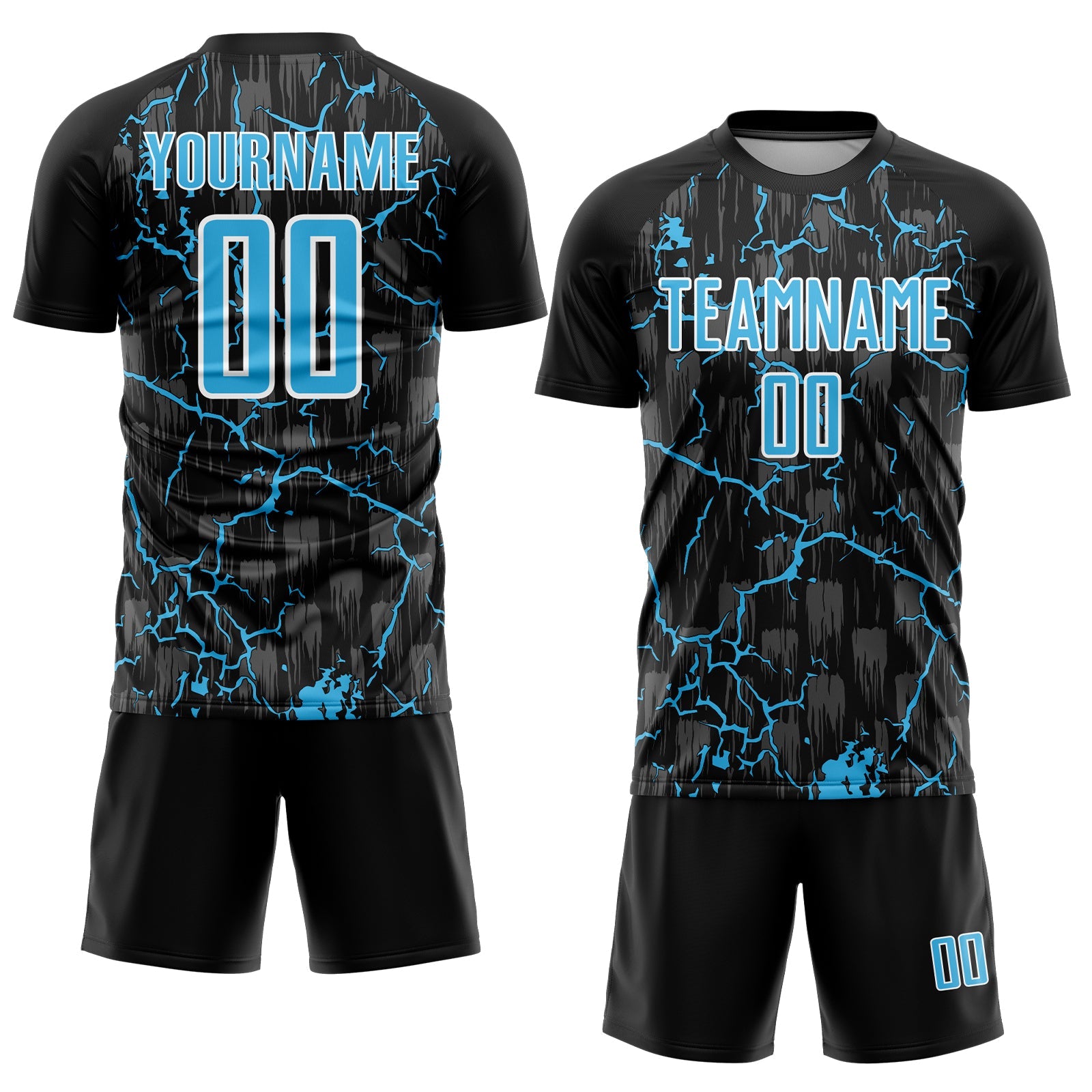 Custom Black Sky Blue-White Lightning Sublimation Soccer Uniform Jersey view 2