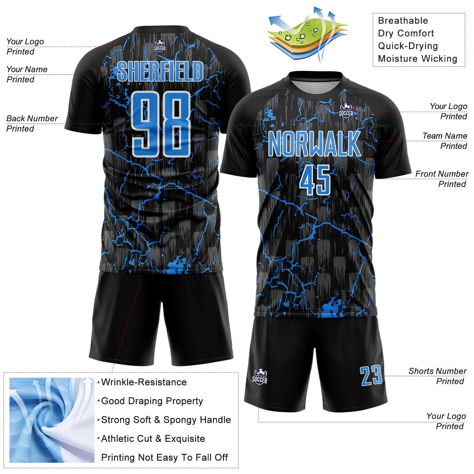 Custom Black Powder Blue-White Lightning Sublimation Soccer Uniform Jersey view 4
