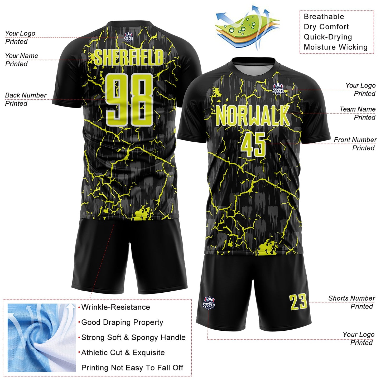 Custom Black Neon Yellow-White Lightning Sublimation Soccer Uniform Jersey view 4