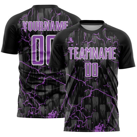 Custom Black Medium Purple-White Lightning Sublimation Soccer Uniform Jersey - Main View