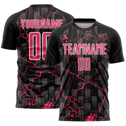 Custom Black Neon Pink-White Lightning Sublimation Soccer Uniform Jersey - Main View