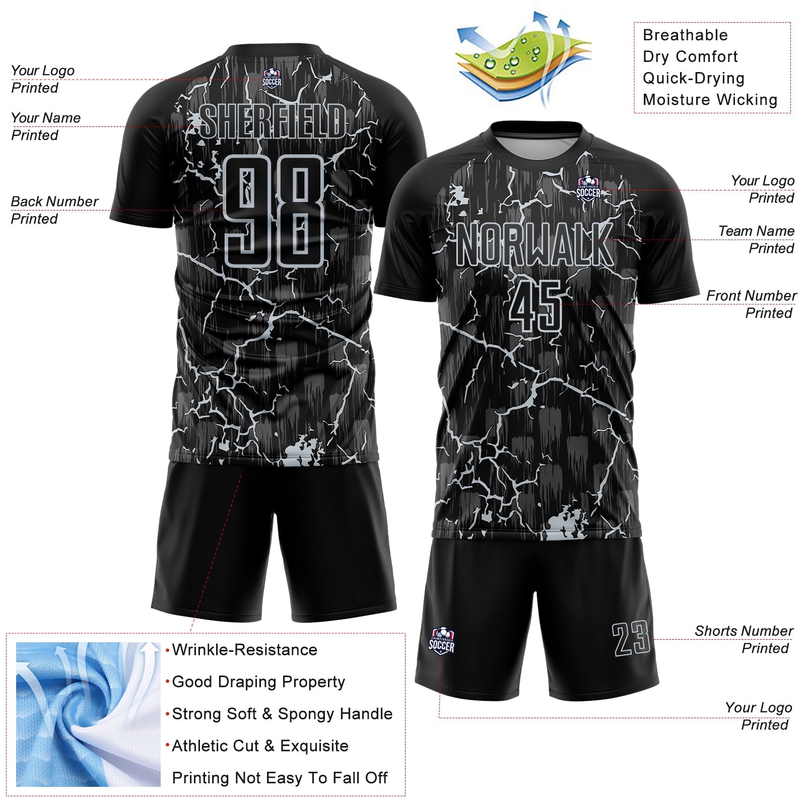 Custom Black Silver Lightning Sublimation Soccer Uniform Jersey view 4