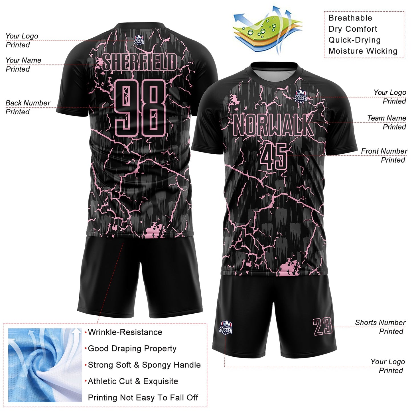 Custom Black Light Pink Lightning Sublimation Soccer Uniform Jersey view 4